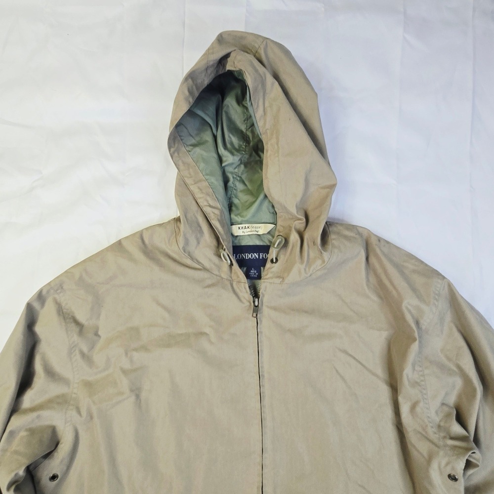 London Fog Mens KHAK(ease) Hooded Jacket Size Large Tan Full Zip Windbreaker Z22